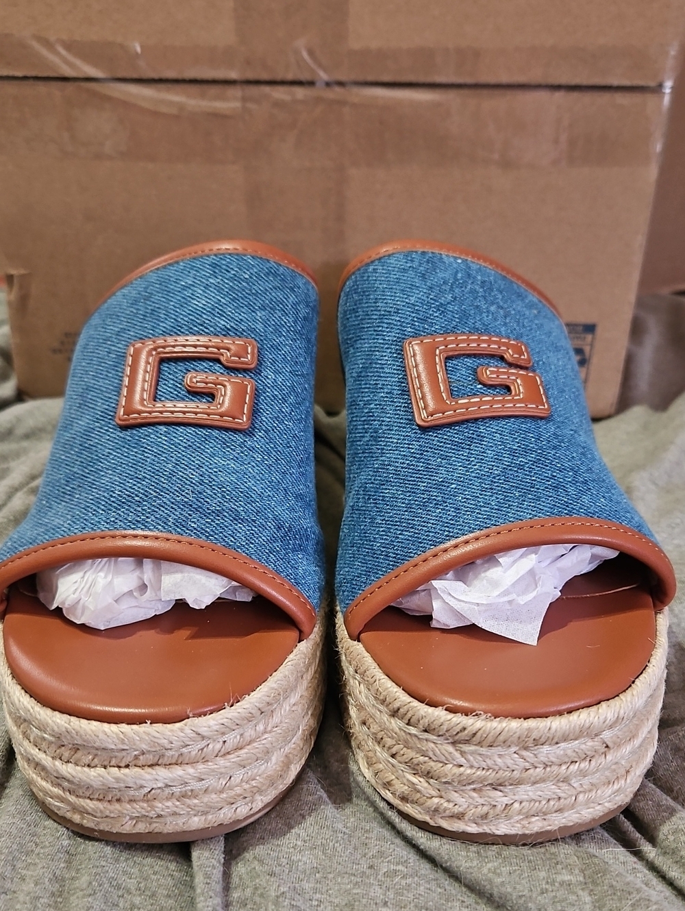 Guess Blue Denim and Tan Platform Espadrille Slide Sandals